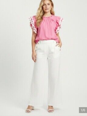 Mud Pie Pink Ruffle-Sleeve Top with White Wide-Leg Pants